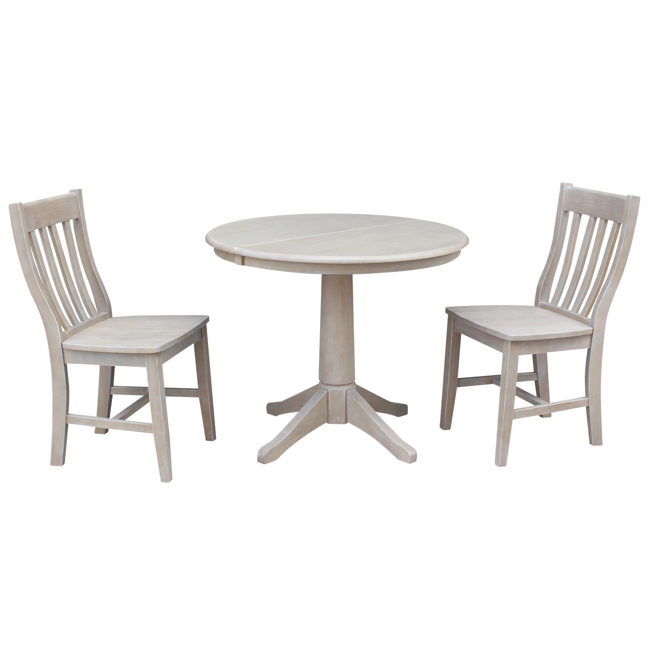 36" Round Dining Table with 12" Leaf and 2 Cafe Chairs Washed Gray