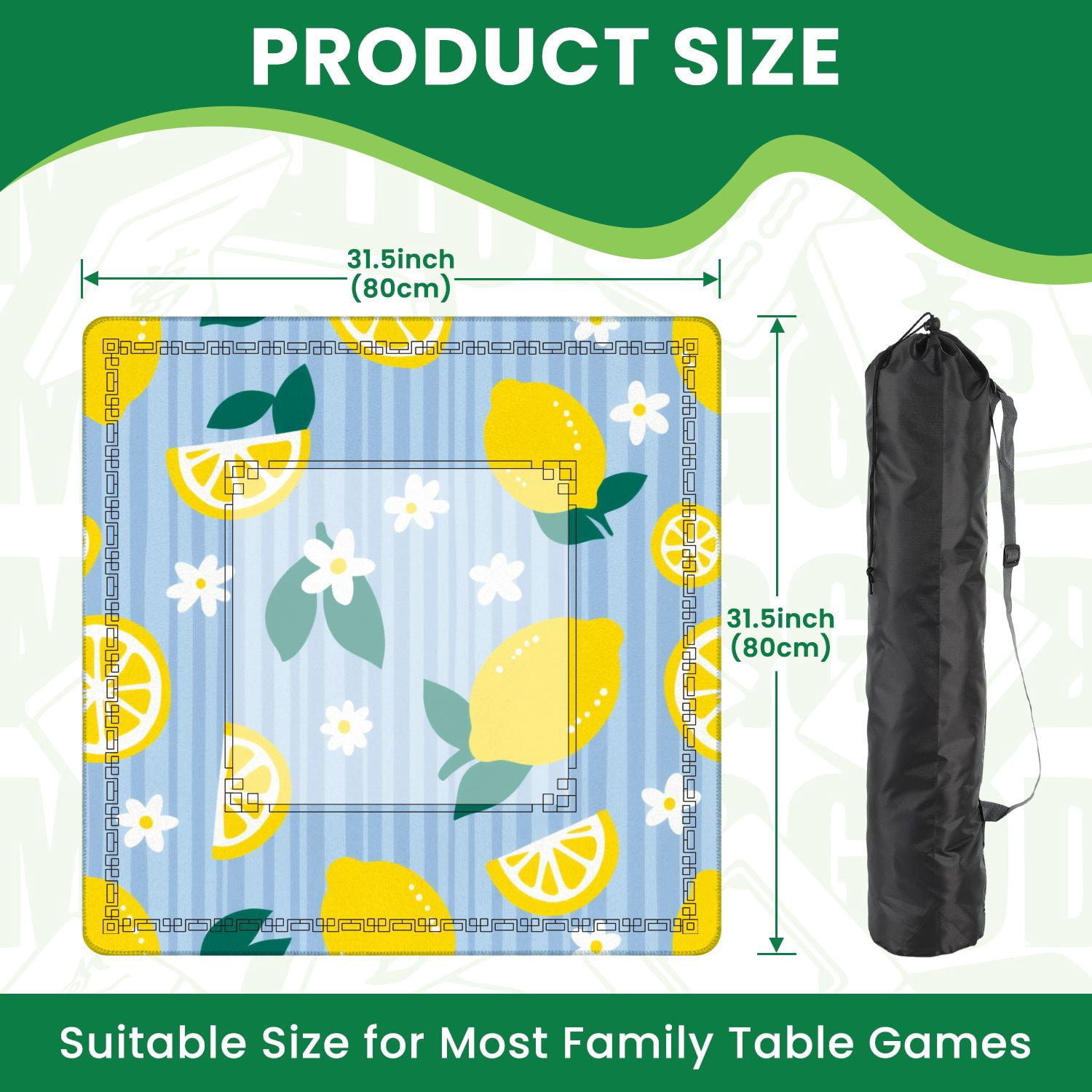 Mahjong Mat 31.5" x 31.5" Bright Lemon Yellow Fruits White Flowers Blue Striped Non-Slip Noise Reduction American Mahjong Tiles Table Cover for Dominoes Poker Card Board Games Gift