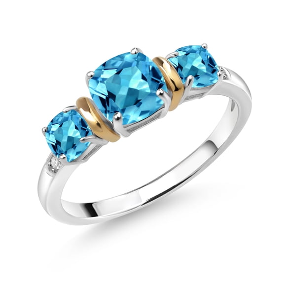 Gem Stone King 925 Sterling Silver and 10K Yellow Gold Cushion Swiss Blue Topaz and Diamond 3-Stone Women Ring (1.90 Cttw, Gemstone Birthstone, Size 6)