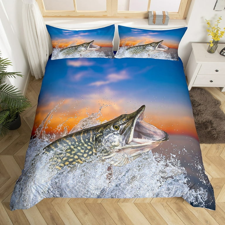 YST Big Bass Fish Duvet Cover Full Hunting Themed Bedding Set, Coastal  Beach Comforter Cover Fishing Lake House Bed Sets, Pink Clouds Bedding for  Girls Boys Kids Microfiber 