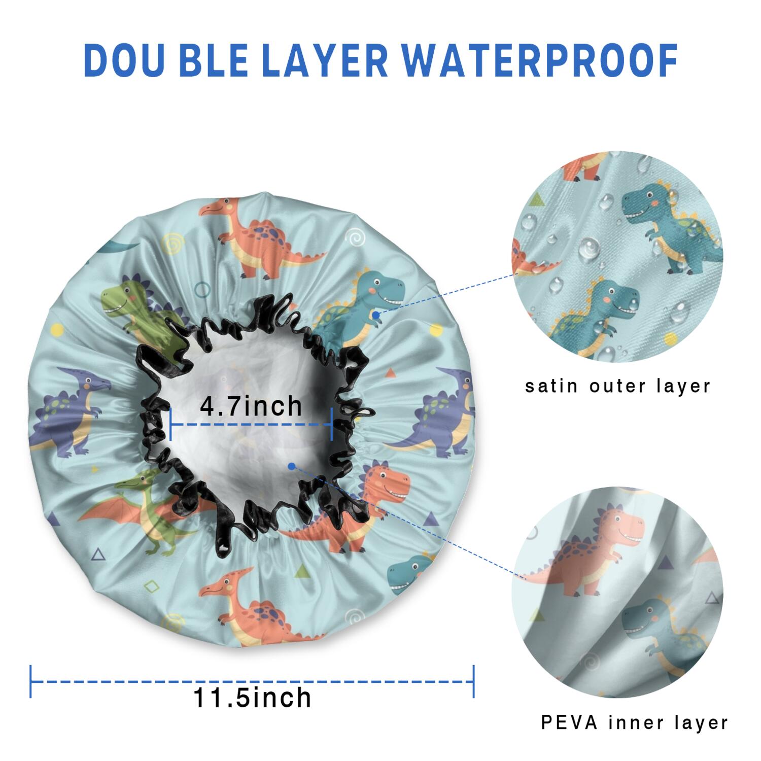 Shower Caps,LightBlue Cartoon Dinosaurs Geometric Pattern Waterproof Shower Cap for Women 4 Pieces,Double Reusable Hair Cover for Shower PEVA Elastic Stretch Hem