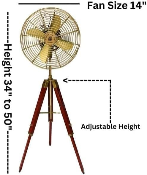 Padestal Fan Electric Corded Handmade Brass Antique Vintage Style Pedestal Fan with Wooden Adjustable Tripod Stand Retro Design, Unique Collectible, Functional Home Decor Vintage Reproduction