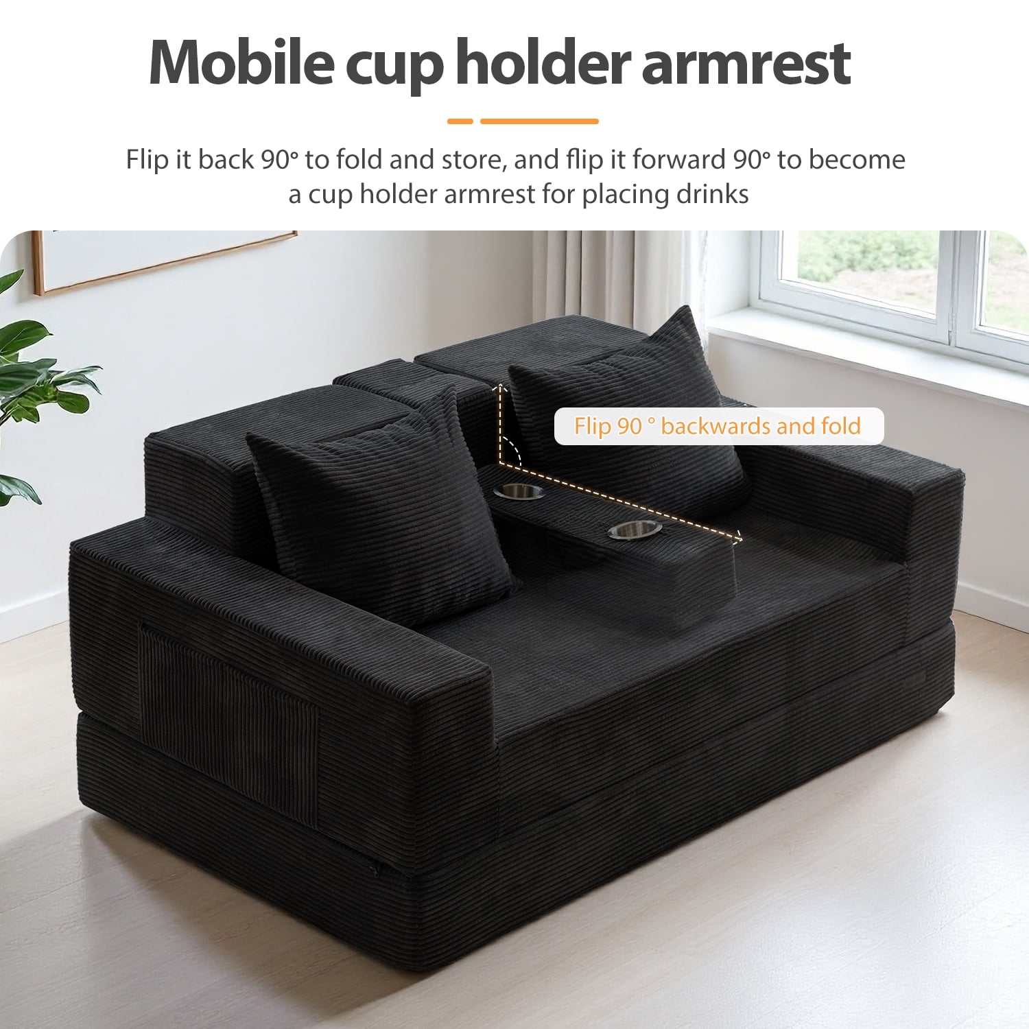 BYBYME Convertible Sofa Bed,Folding Lounger 4-in-1 Boneless Sofa with 2 Pillows and Cup Holder,Floor Sofa for Small Spaces Such as Living Rooms,No Assembly Required,Loveseat,Black