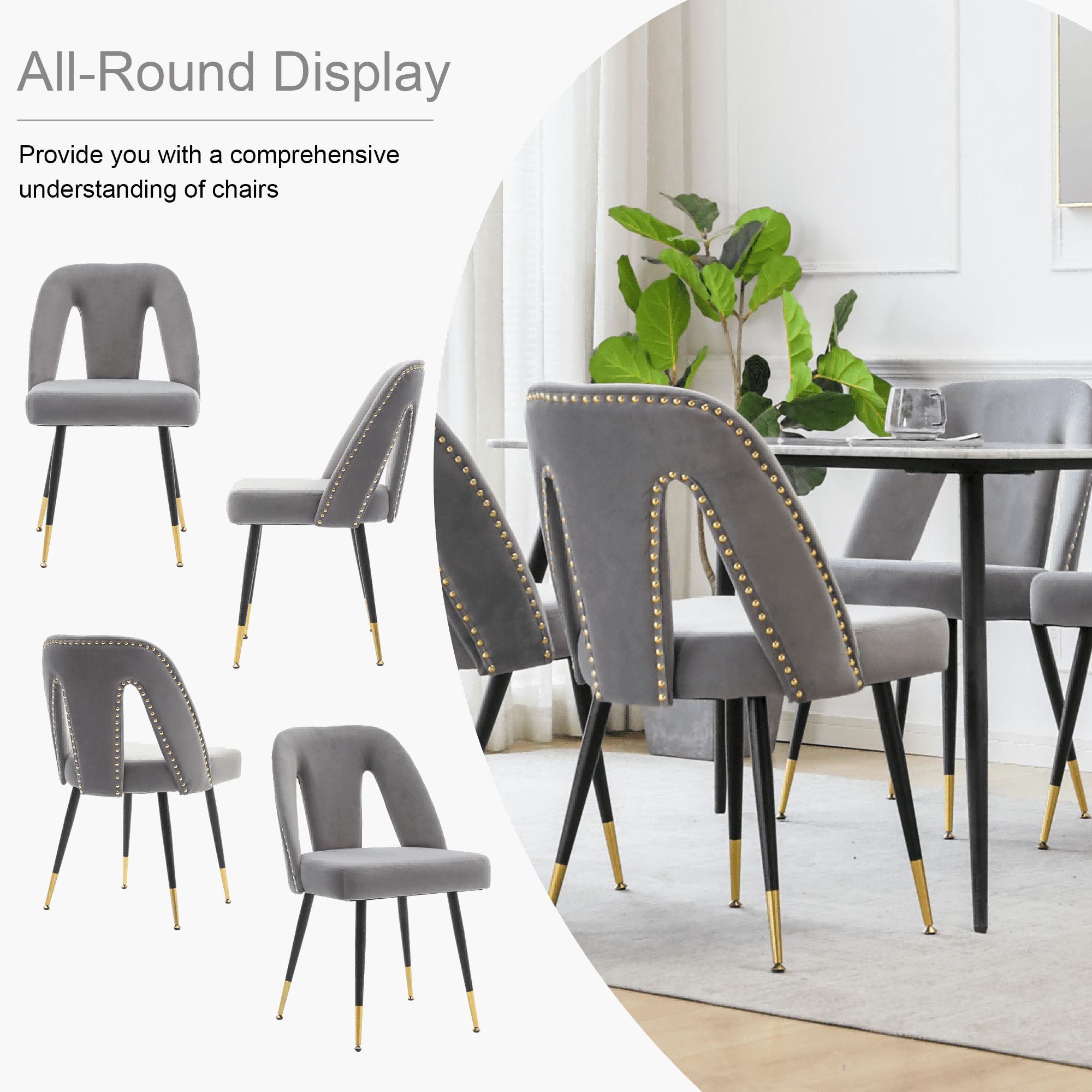 Dining Chairs, Modern Kitchen Dining Room Chairs, Upholstered Dining Accent Side Chairs in Velvet Cushion Seat with Nailheads and Gold Tipped Black Metal Legs (Set of 2)