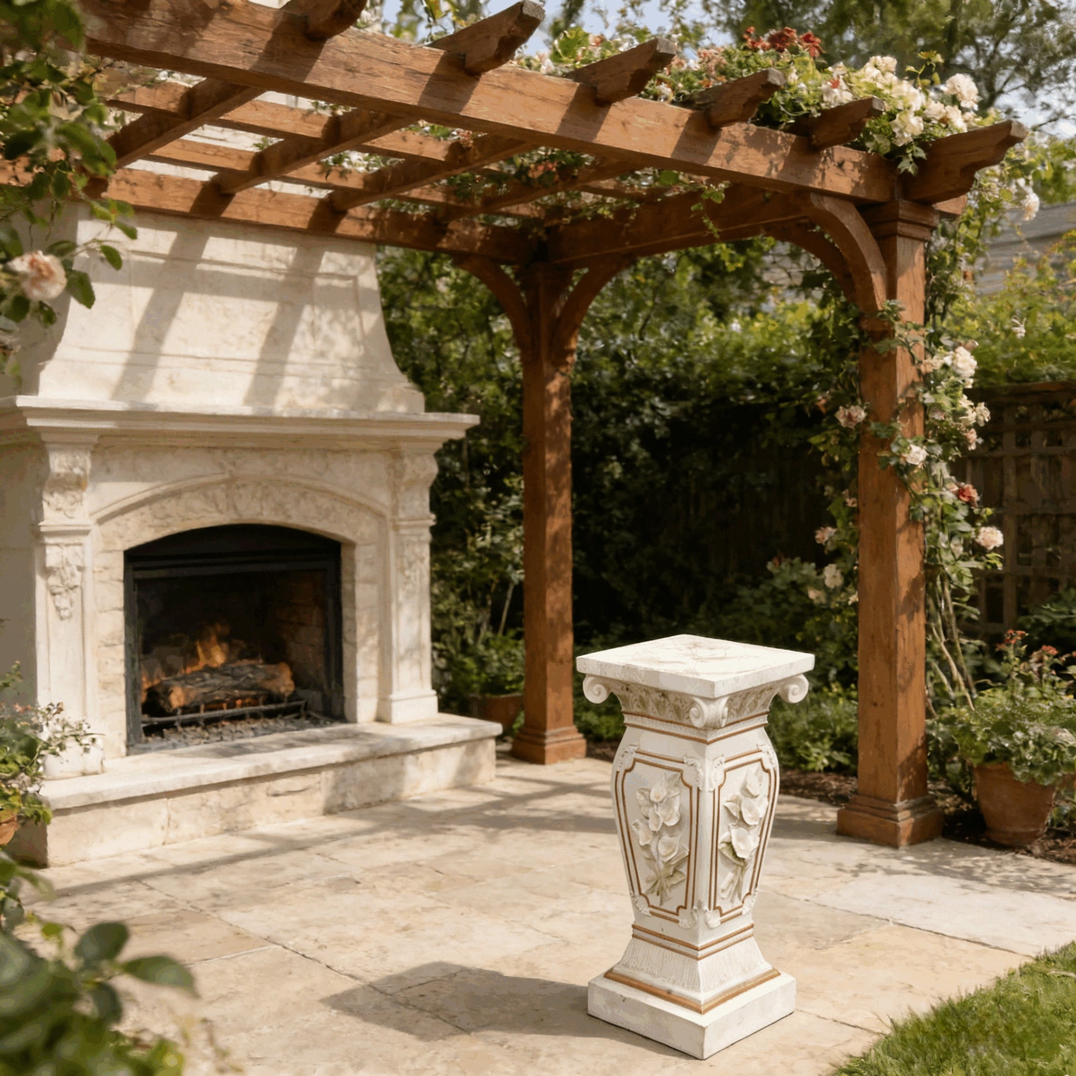 GDF Studio 22" European Style Floral Carved Roman Column Pedestal, Garden Display Stand for Statues & Ornaments