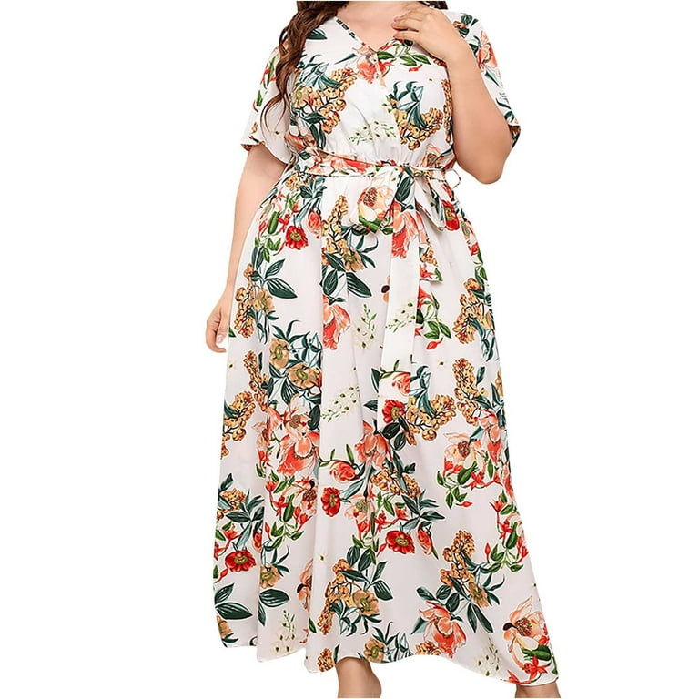  LUGOGNE Long Dresses for Women Summer Casual Flower Print Plus  Size Maxi Dress Trendy Elegant Short Sleeve Long Skirt Pink : ספורט ופעילות  בחיק הטבע