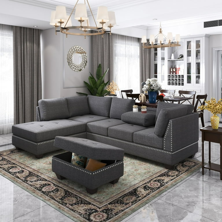 Reversible Sectional Sofa Space Saving with Storage Ottoman Rivet