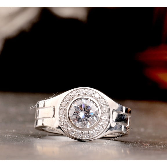 Men's Bezel Set Diamond Ring, Men's Halo Diamond Engagement Ring, Wrist Watch Style Flexible Shank Men's Ring, 925 Sterling Silver, 2.5 Ct Simulated Diamond