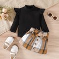 thumbnail image 2 of EnJoCho Children’s Outfit Toddler Girls Ruffles Long Sleeve Solid Ribbed T Shirt Tops Plaid Prints Bow Tie Skirt Outfits Little Child Trendy Fall Winter Clothing Set, 2 of 8