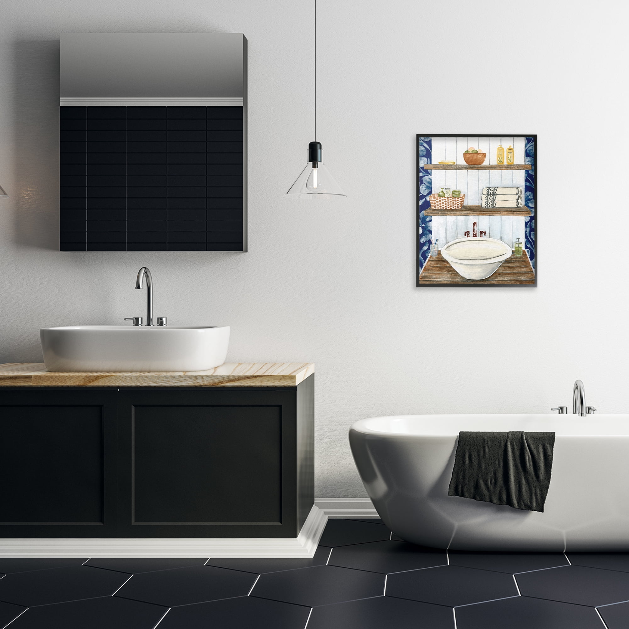 Stupell Industries Bold Blue Bathroom Typography Painting Black Framed Art Print Wall Art, 16 x 20