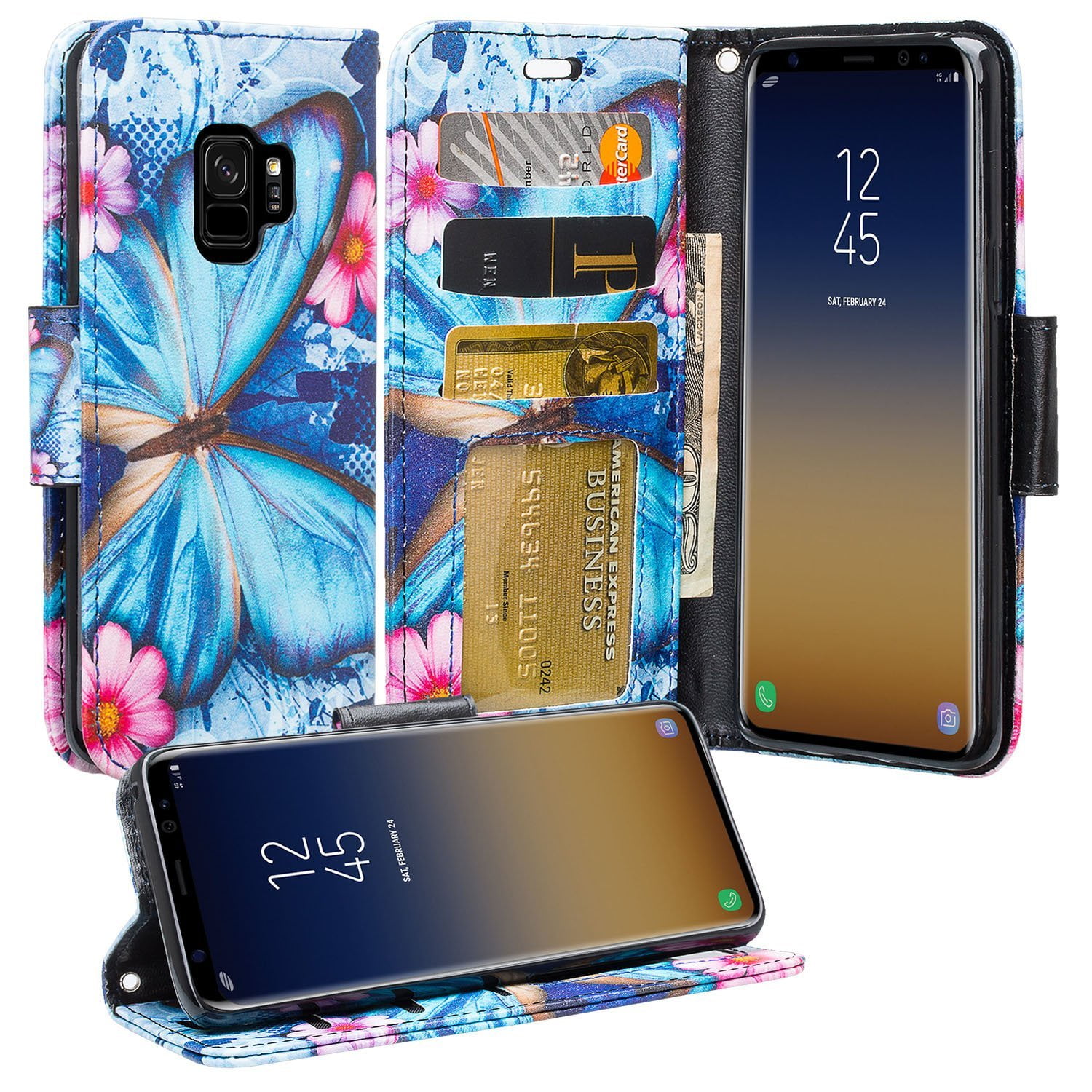 Butterfly Pattern Leather Flip Wallet Cover Protective Cases for Samsung Galaxy S9 Plus Purple iDoer S9 Plus Case