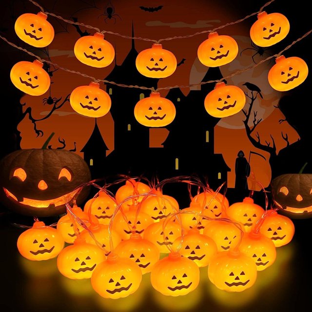 Cadena de luces de Halloween de 3 m y 20 luces LED con forma de calabaza, funciona con pilas, IP65, impermeable, para decoración de interiores y exteriores, para dormitorio, fiesta de