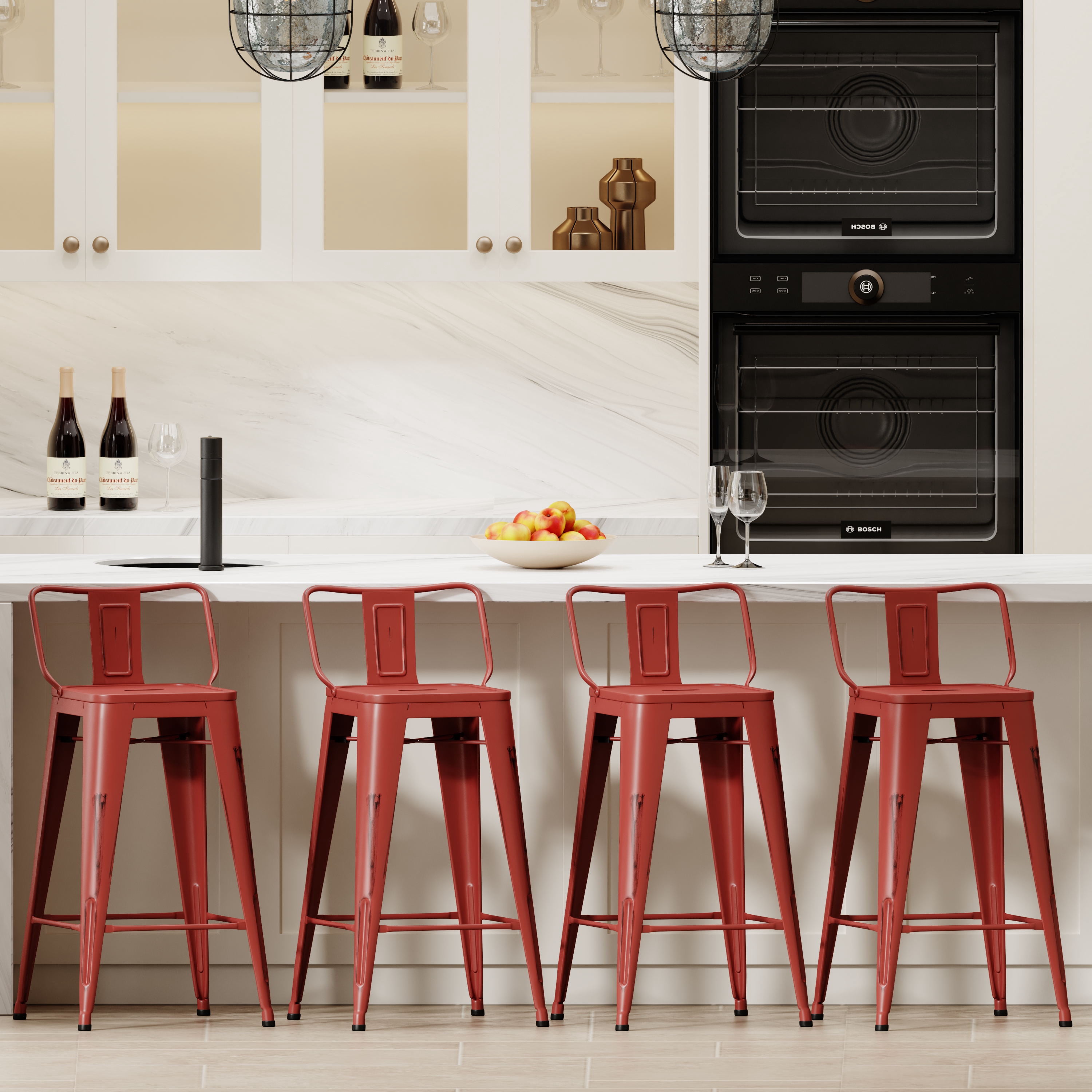 Andeworld 24" Low Back Distressed Red Bar Stools Industrial Metal Barstools Counter Height Stools [Set of 4]