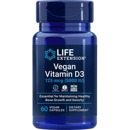 Life Extension Vegan Vitamin D3 125 mcg (5000 IU) - Bone & Immune Support Supplement for Plant-Based Diets - Non-GMO, Gluten-Free, Once Daily - 60 Vegan Capsules