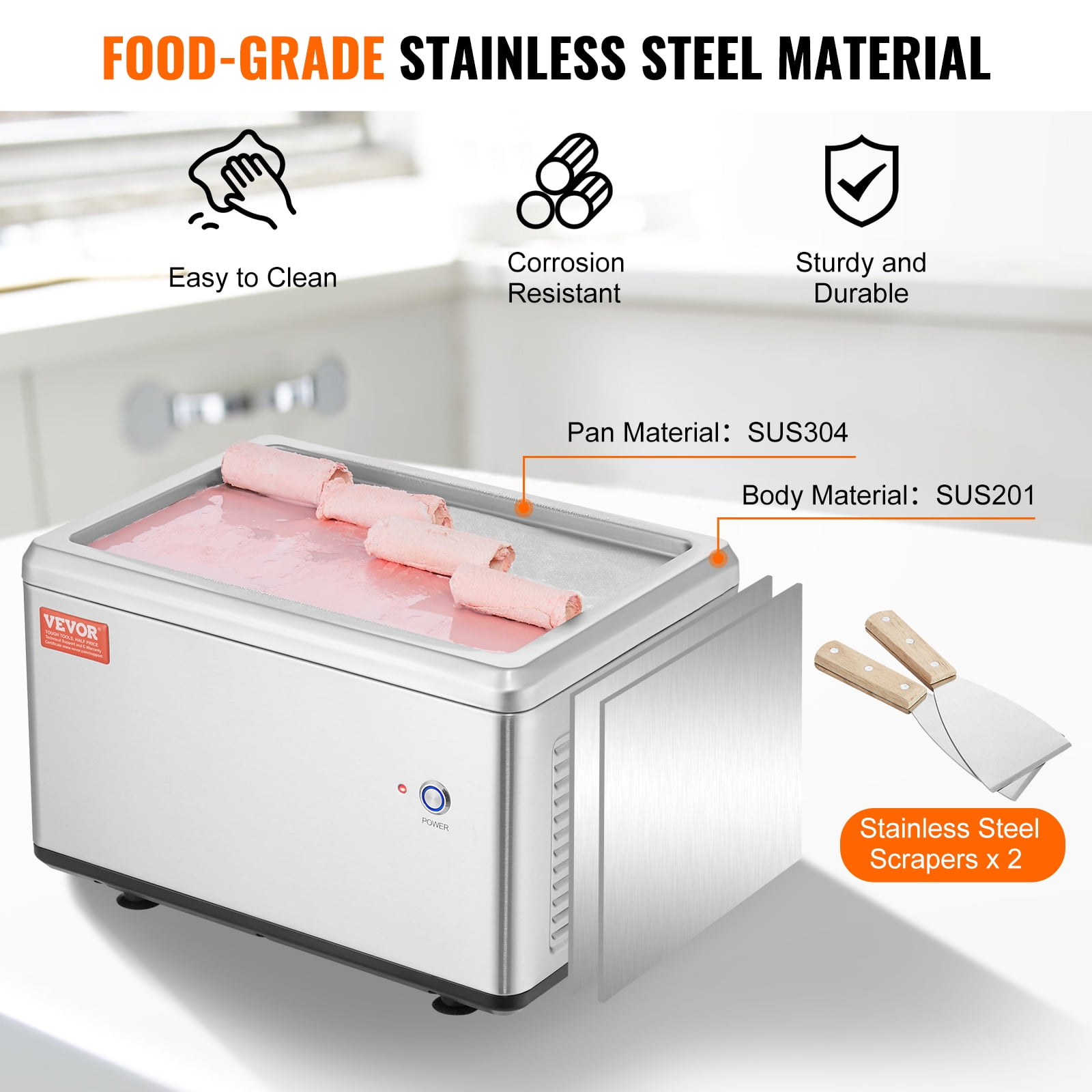 VEVOR Fried Ice Cream Roll Machine, 12.6" x 8.5" Stir-Fried Ice Cream Pan, Stainless Steel Rolled Ice Cream Maker with Compressor and 2 Scrapers, for Making Ice Cream,Frozen Yogurt,Ice Cream Rolls