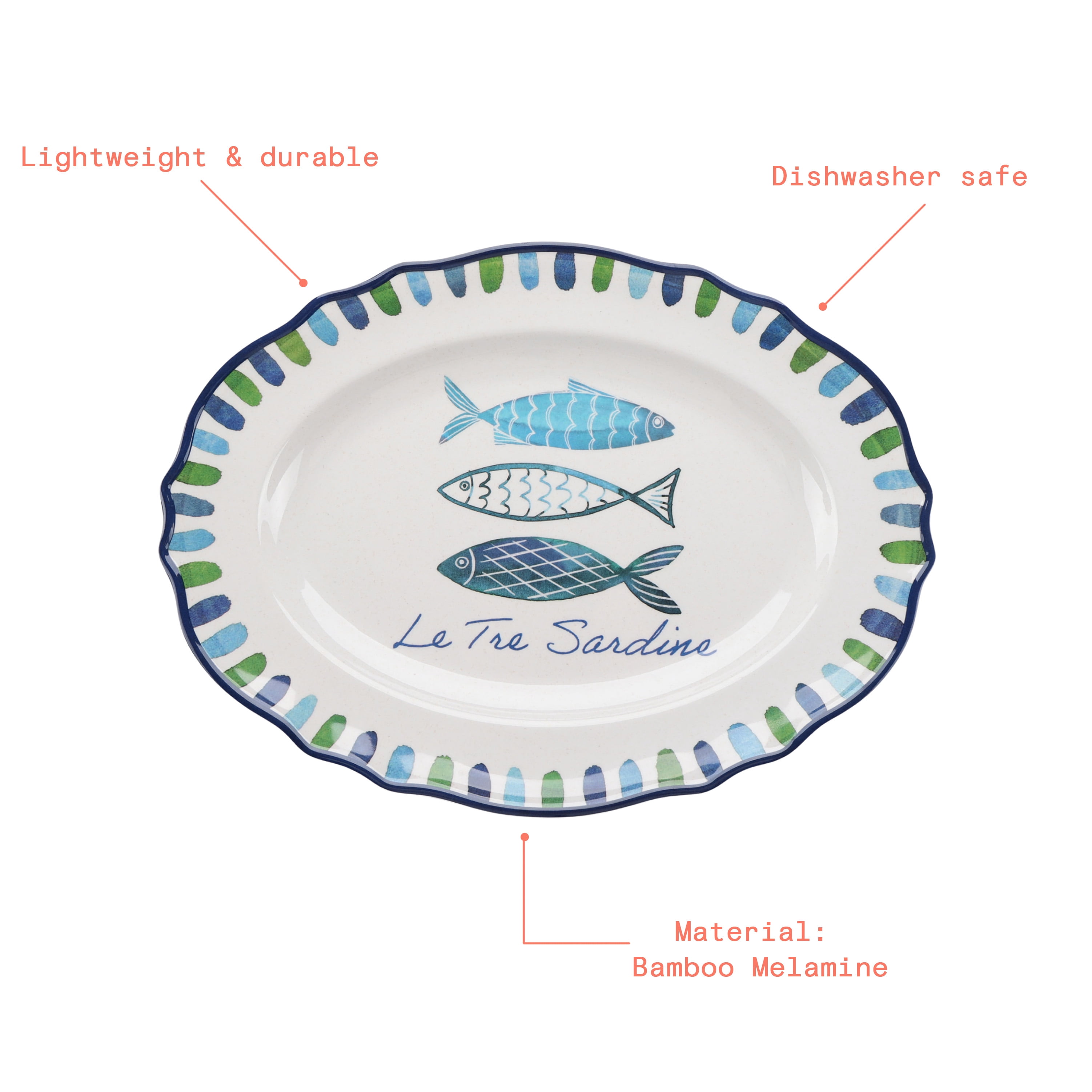 Beautiful 14" x 10.4" Bamboo Melamine Oval Medium Serve Platter, Multi-Color by Drew Barrymore