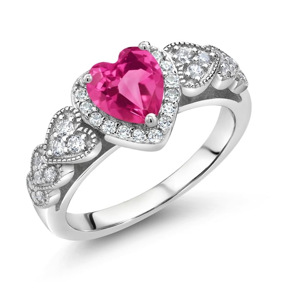 Gem Stone King 925 Sterling Silver Pink Mystic Topaz and White Moissanite Halo Ring for Women | 1.13 Cttw | Heart Shape 6MM | Gemstone November Birthstone | Size 8