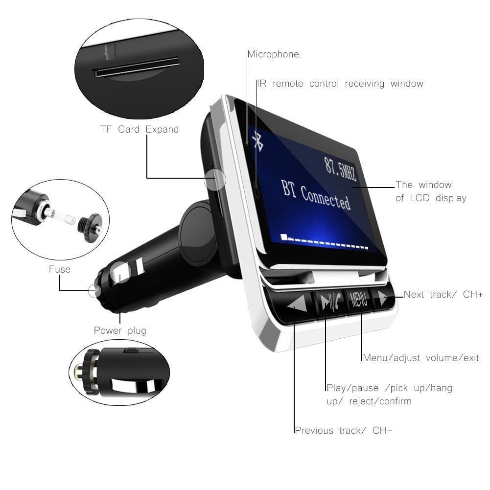 Wireless Car Bluetooth FM Transmitter with USB Charger Hands-Free Call 1.4 inch