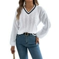 thumbnail image 3 of Women'S Long Sleeve V Neck Cable Knit Sweater 2025 Fall Pullover Top Cute Soft Dressy Casual Outfits White M, 3 of 9