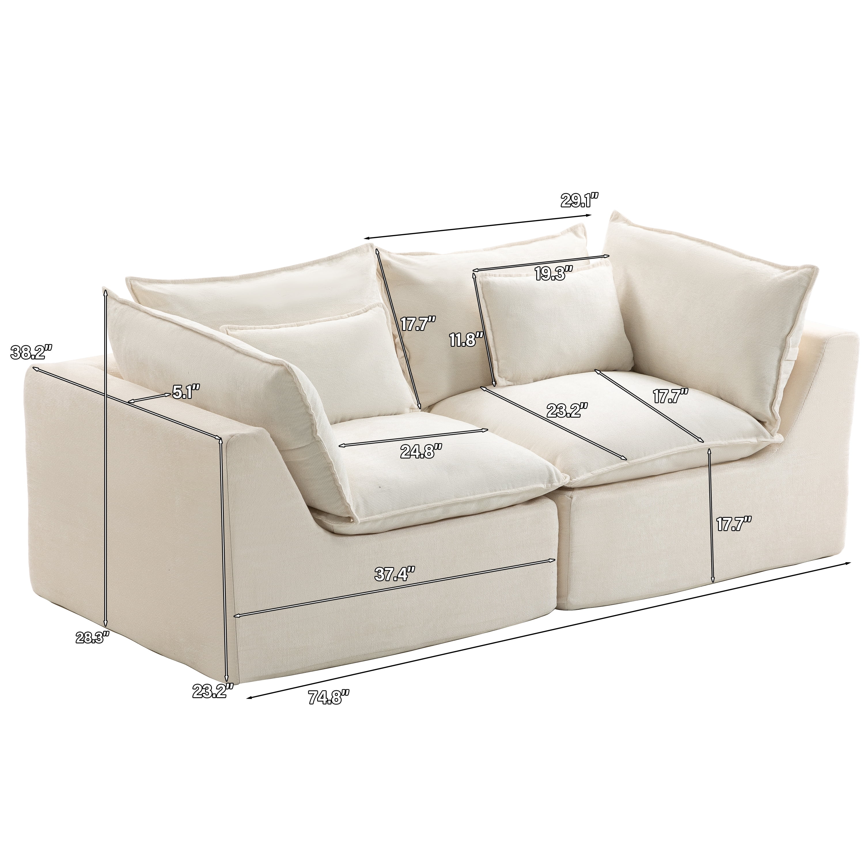 Cloud Couch Oversized Modular Sectional Sofa with Slow-Release Foam, 2-Seat Wide and Deep Sofa for Living Room, Apartment, Home Theater, Ancient White