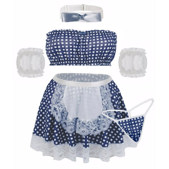 Ausing Maid Lingerie for Women Mini Skirt Strapless Crop Top Lace Plaid Halloween Cosplay Outfits with Panties Choker 5 Pack Blue M