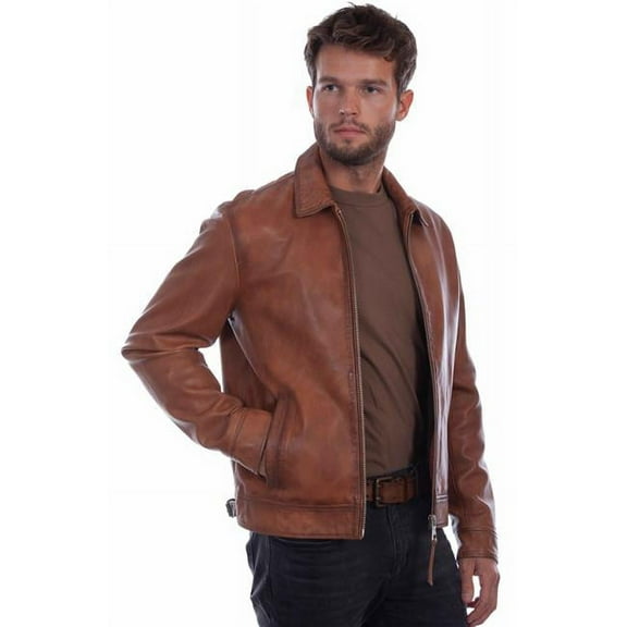 Mens Classic Plush Jacket with Front Zip, Cognac - 2XL