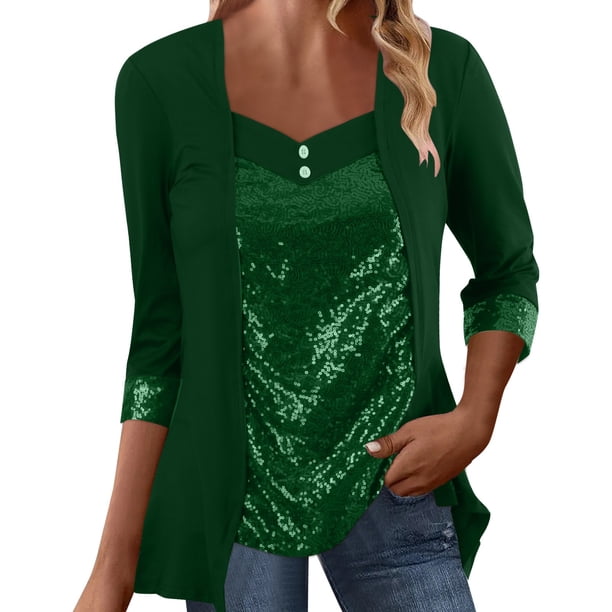 Camiseta de manga larga con botones y paneles de cuentas para mujer - Material de poliéster, tallas S-XXL - Informal y moderna para el día a día y la oficina