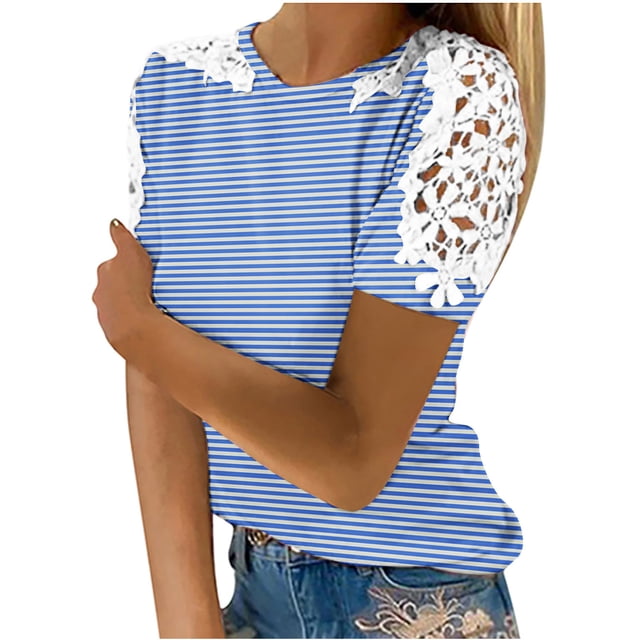 Camisas de Manga Corta para las Mujeres Impresión Cuello Redondo Suéter Encaje Camisa, Blusa de Verano Casual para las Mujeres