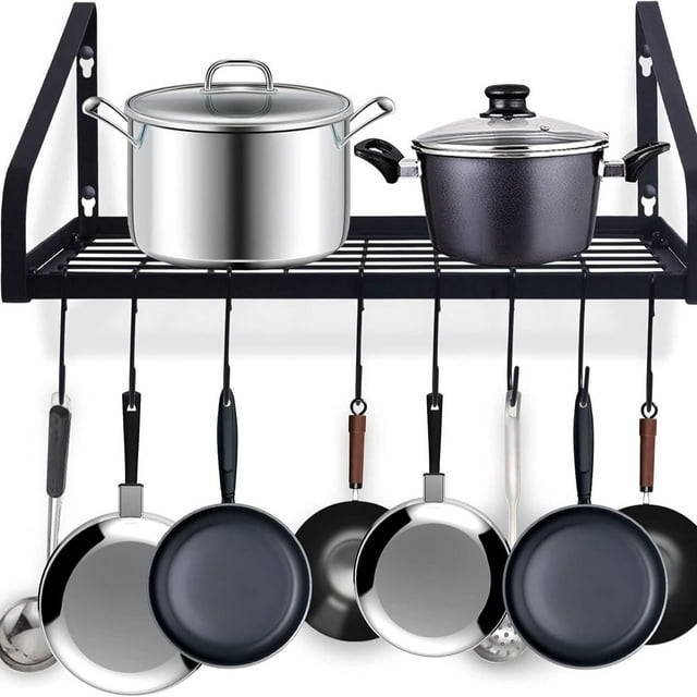 Pots Pot and Pan Hanger, Wall Mounted and Pan Hanging Rack with 8 Hooks for Kitchen Cookware Utensils 2 DIY Methods Black Steel Hanging Pot Rack, Storage holders