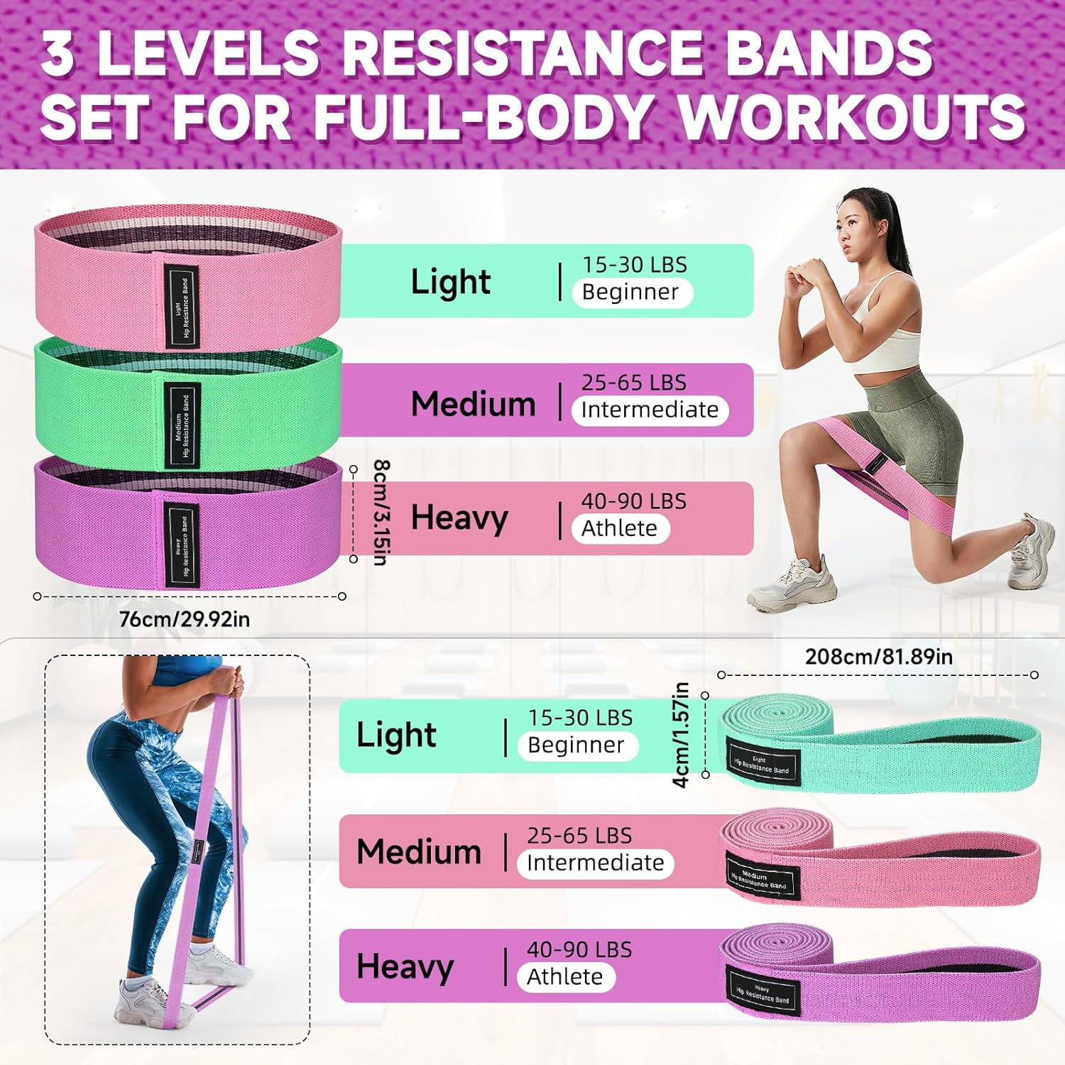 JJEAN-6 Pack Fabric Resistance Bands for Working Out, 3 Levels Exercise Bands Resistance, Non-Slip Elastic Bands for Exercise, Booty Bands for Women for Gym, Yoga, Pilates
