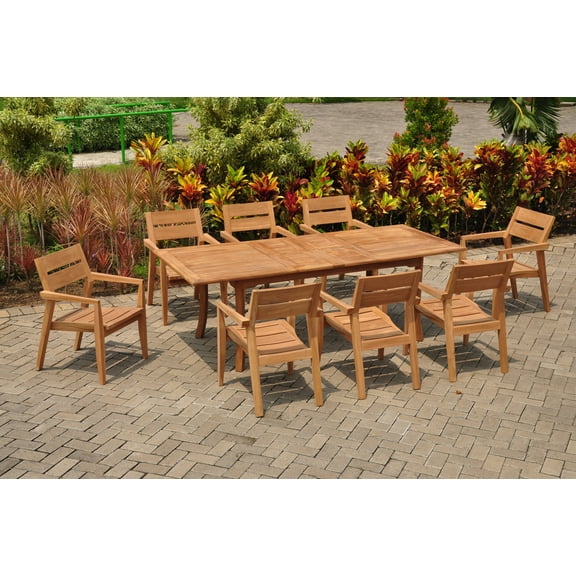 9 PC A Grade Outdoor Patio Teak Dining Set - 94" Double Extension Rectangle Table & 8 Cellore Stacking Arm Chairs