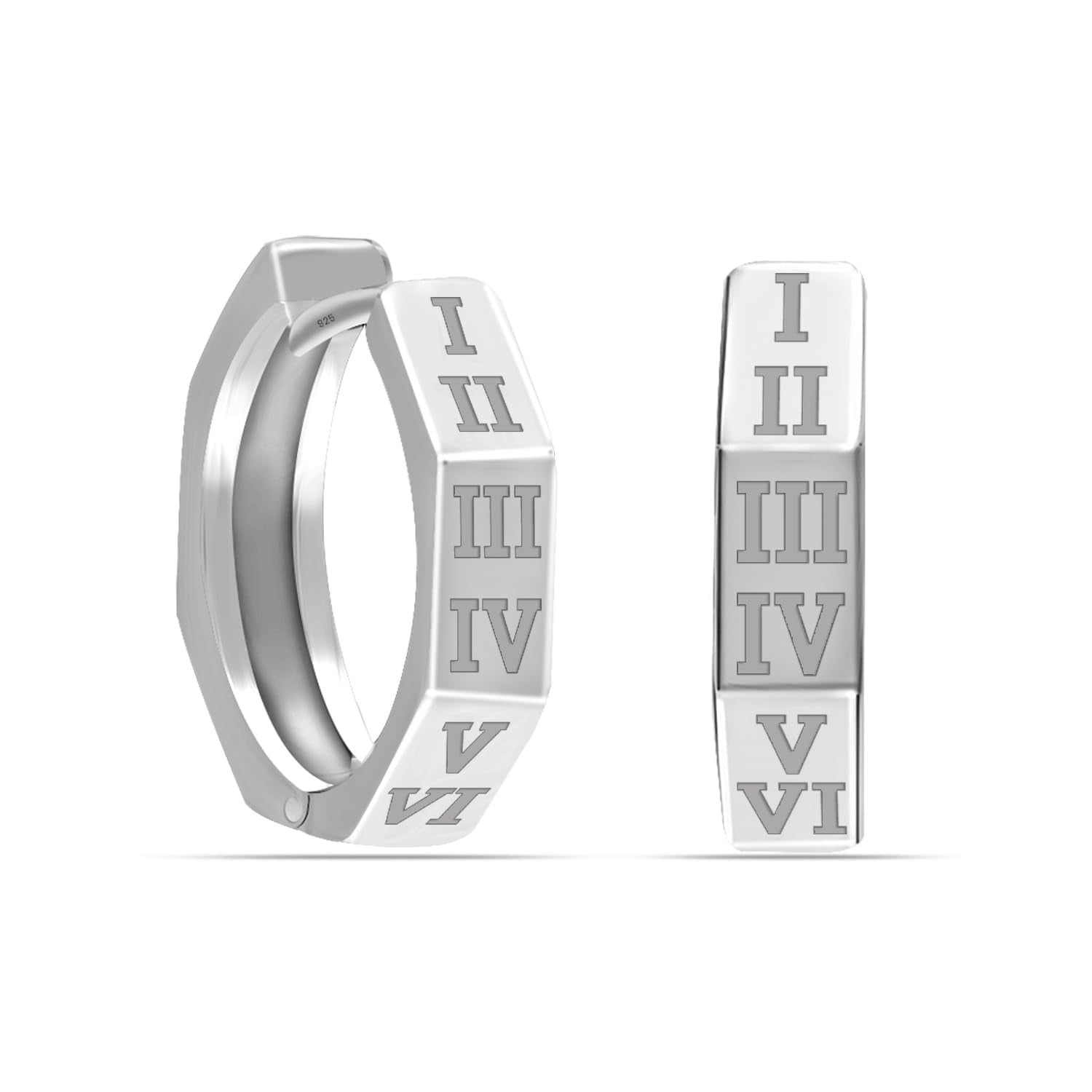 LeCalla 925 Sterling Silver Small Huggie Hoop Earrings for Men | Retro Style Engraved Roman Number Geometric Hoops Earring 15MM