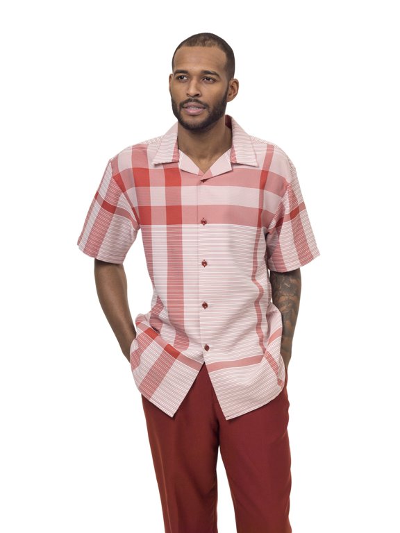 Strawberry Walking Suit Plaid Short Sleeve Shirt Men's Leisure Suit 1832