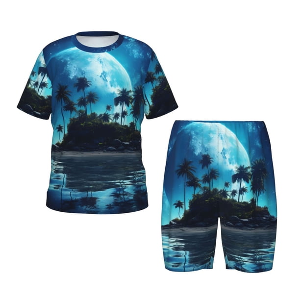 Balery Hawaiian Beach Pirate Moon Conjunto de Pijama Infantil de Manga Corta con Estampado – Ropa de Dormir de Algodón Suave-Medium