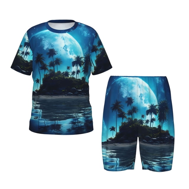 Balery Hawaiian Beach Pirate Moon Conjunto de Pijama Infantil de Manga Corta con Estampado – Ropa de Dormir de Algodón Suave-X-Large