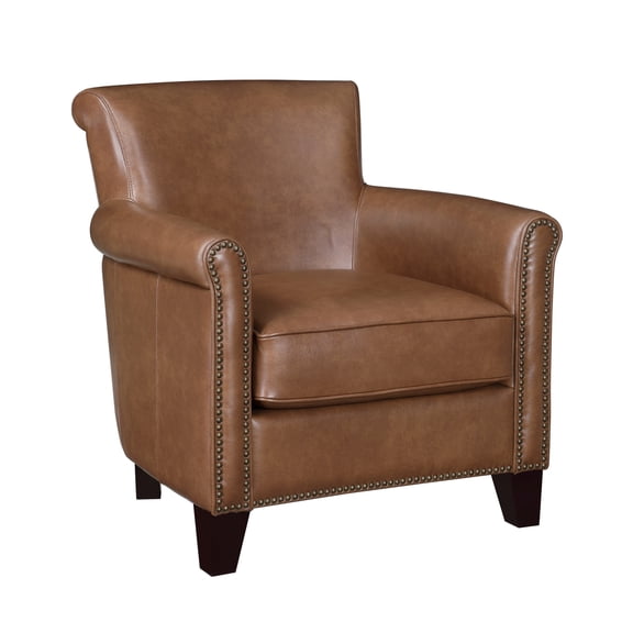 Miekor Furniture Traditional Brown Leather Accent Chair 1pc Solid Wood Frame Top-Grain Leather Nailhead Trim Classic Modern Living Room Furniture BS6067