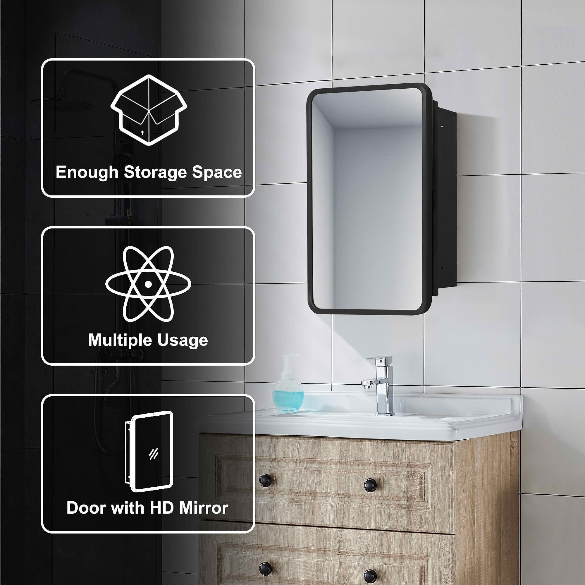 MAYEERTY 24x16x5 Inch Black Metal Round Corner Rectangular Medicine Cabinet for Bathroom