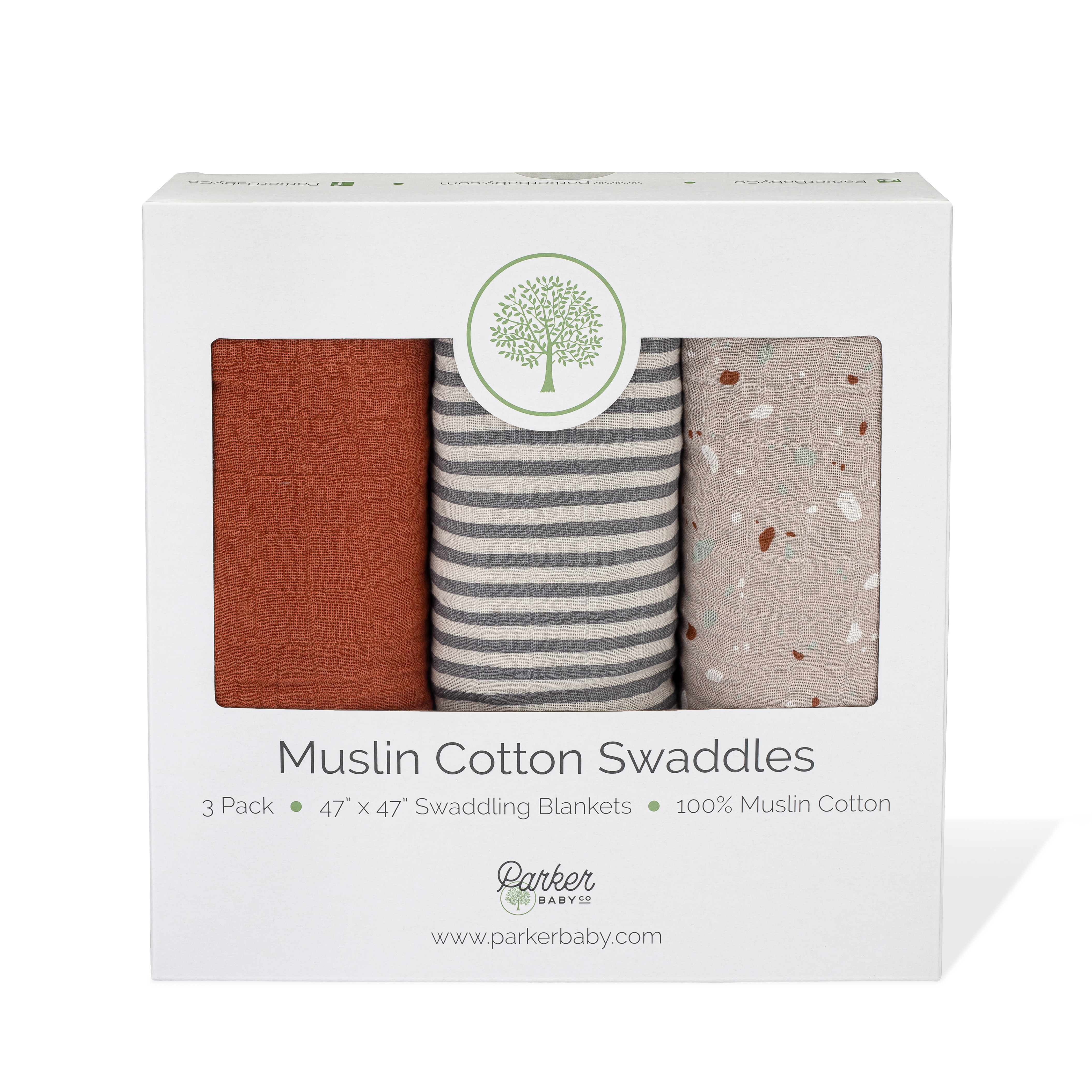 Parker Baby Swaddles - 3 Pack Infant 100% Cotton Muslin Female Swaddle Blankets - Clay Set