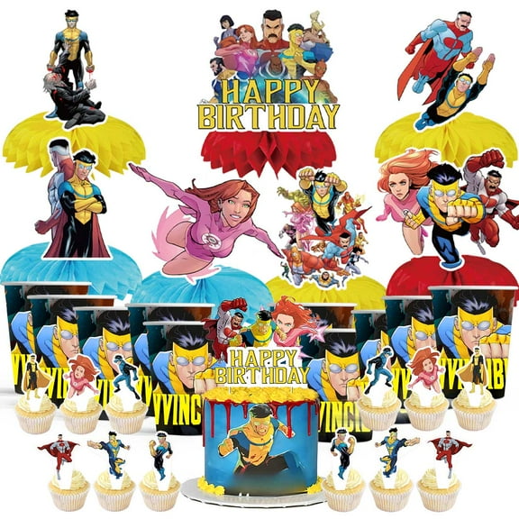 Invincible Party Supplies Decor Cups Fans Decorations Honeycomb Centerpieces Cake Toppers