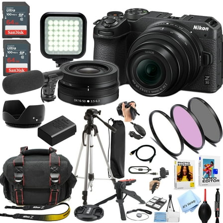 Nikon Z30 Mirrorless Digital Camera W/Nikkor Z 16-50mm Lens   128GB Memory, LED Light, Microphone, Filters, Case, Tripod, and More (34pc Video Bundle)