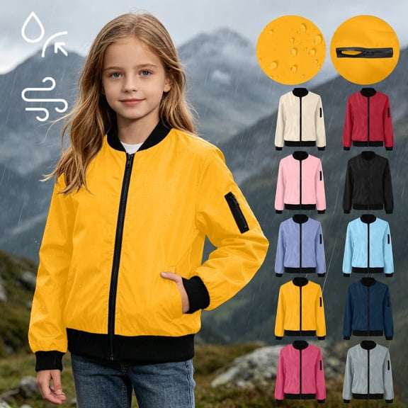 Kids Zip Bomber Jacket with Pockets, Waterproof Windproof Long Sleeve Outdoor Coat for Boys Girls Ages 5-16 Fall Casual Outerwear Yellow 15 Years
