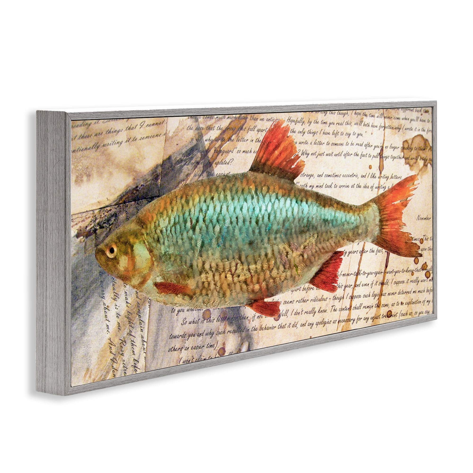 Stupell Industries Vintage Pages & Fish Animals & Insects Painting Gray Framed Art Print Wall Art, 24 x 10