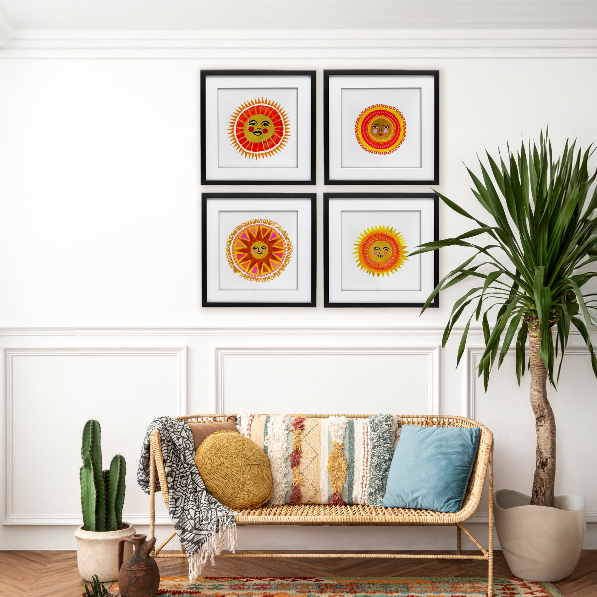 Stupell Industries Warm Happy Suns 4 Piece Black Framed Print Under Glass Set, design by Katherine Herrell Studio