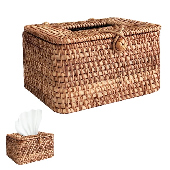 BinKFF Rectangular Rattan Woven Tissue Box Cover Holder | Handmade Rustic Tissue Paper Box, Decorative Round Rattan Paper Cover Dispenser for Bedroom, Dining Room, Car, Office