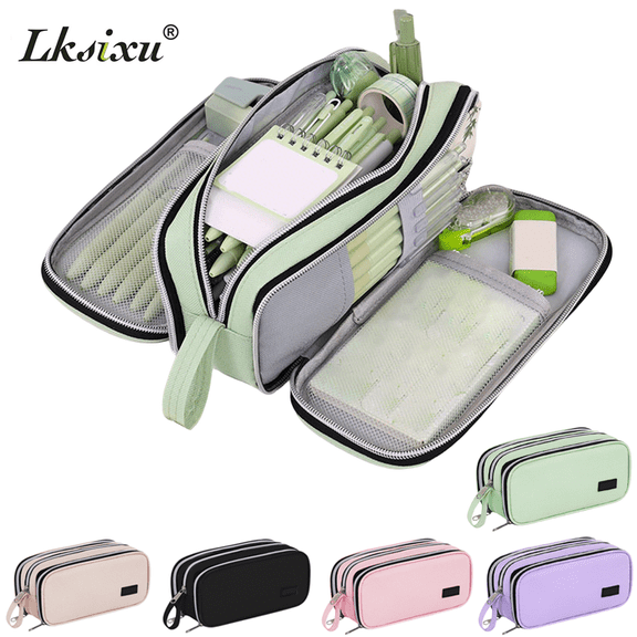 Lksixu Large Capacity Pencil Case with 3 Compartments, Aesthetic Pencil Pouch with Zipper and Handle, Portable Expandable Canvas Pencil Bag Stationery Organizer for Office Supplies
