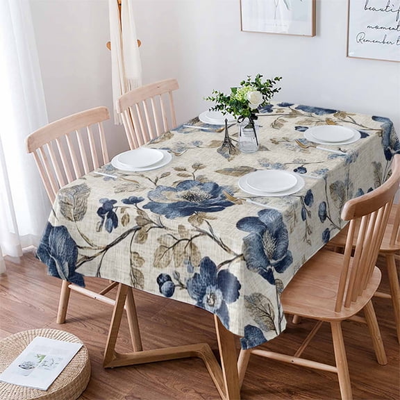 Blue Gray Spring Floral Tablecloth Rectangle Table Cloth 52x70 , Waterproof Tablecloth Outdoor Table Cloth, Vintage Botanical Washable Table Cover for Kitchen Dining Party
