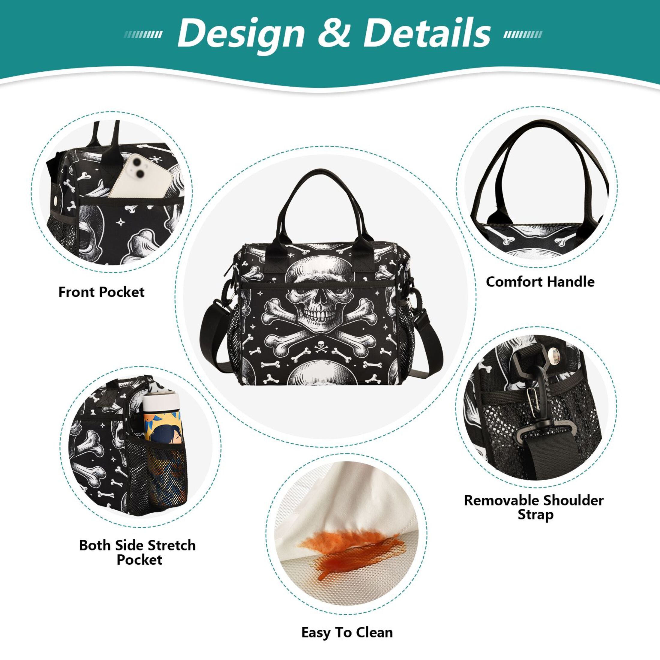 ALAZA Skeletons Halloween Insulated Lunch Bag Reusable Tote Box Adjustable Shoulder Strap for Work Picnic