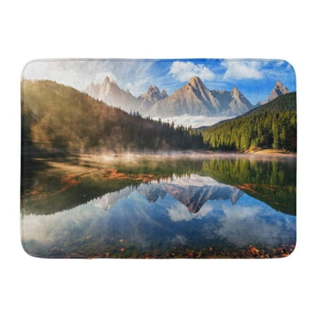 KDAGR Gorgeous Composite Mountain Lake in Autumn Fog Lovely Nature Scenery Coniferous Forest Rocky Peaks Doormat Floor Rug Bath Mat 23.6x15.7