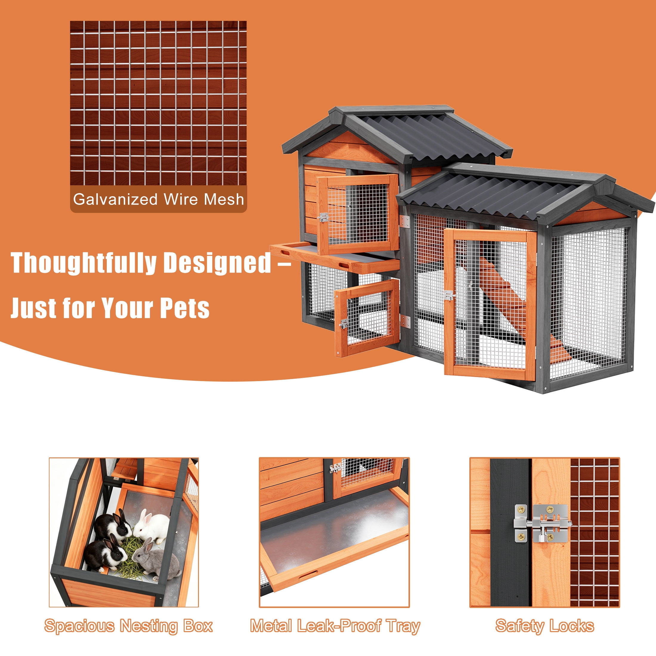Outdoor Wooden Rabbit Hutch with Run ,Weatherproof Bunny Cage with Predator resistant Wire Mesh,Orange with Black