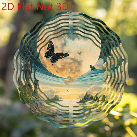 HELLOYOUNG 2D Flat Artistic Butterfly Moon Wind Chime, 360° Rotating Metal Garden Decor, Weatherproof Rustproof Balcony Ornament, Gift for Home Garden